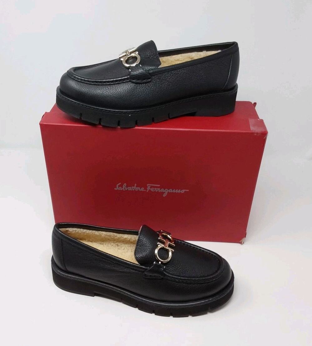 Salvatore Ferragamo Rolo Lug Loafers Women's 7 C Black Leather Shearling Gancini